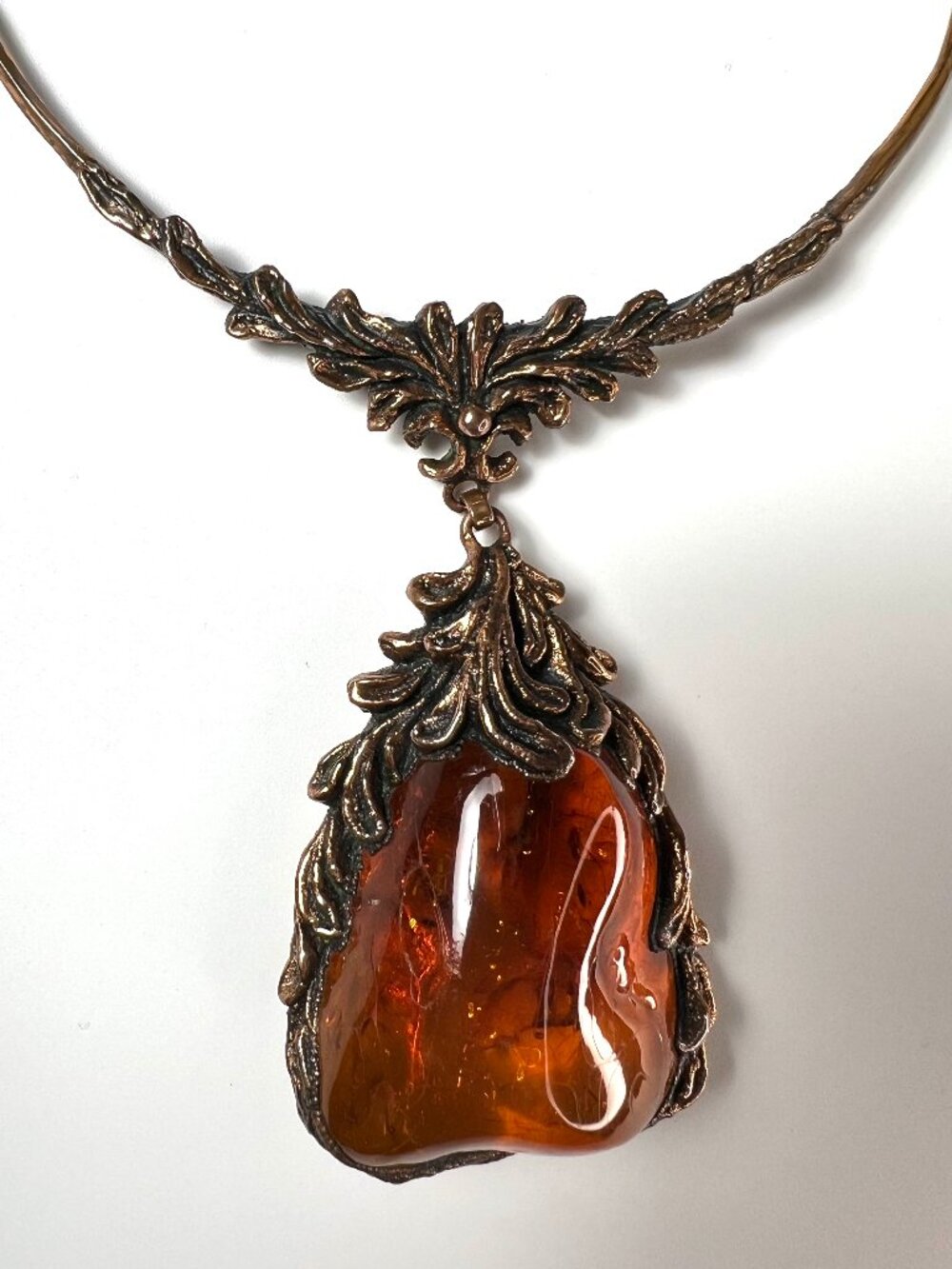 Antique Large Pendant Brutalist Baltic Amber/Bronze Art Noveau Style Necklace